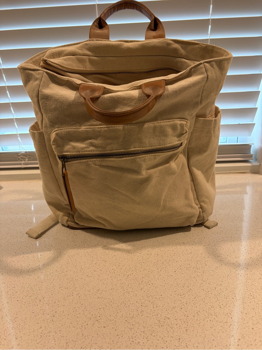 Canvas Backpack with Leather Accents - Cream